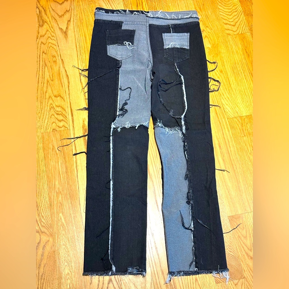 Black/Gray Distressed Patchwork Denim - image 2
